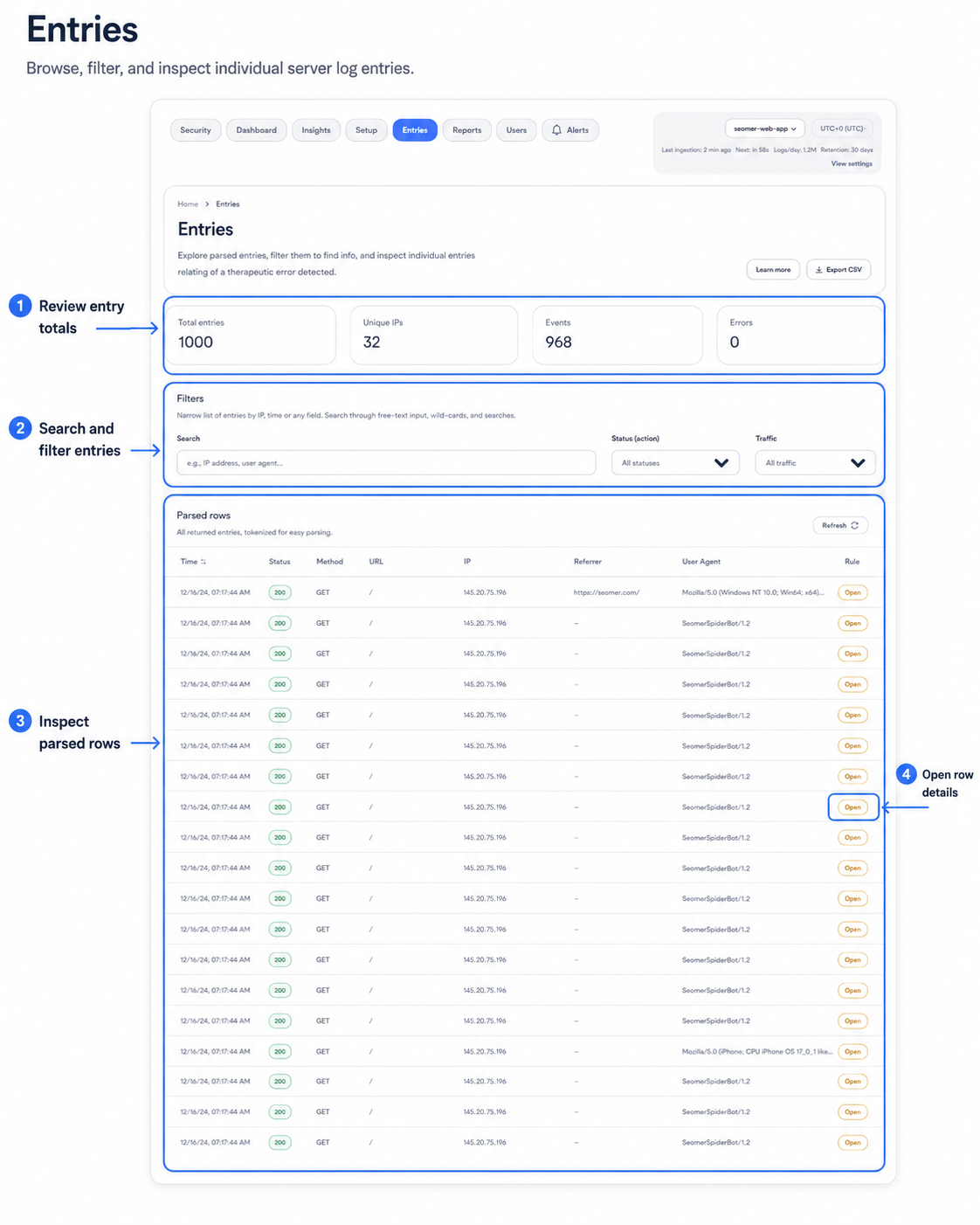 Annotated Entries table showing totals filters parsed rows and row details button in SEOMER